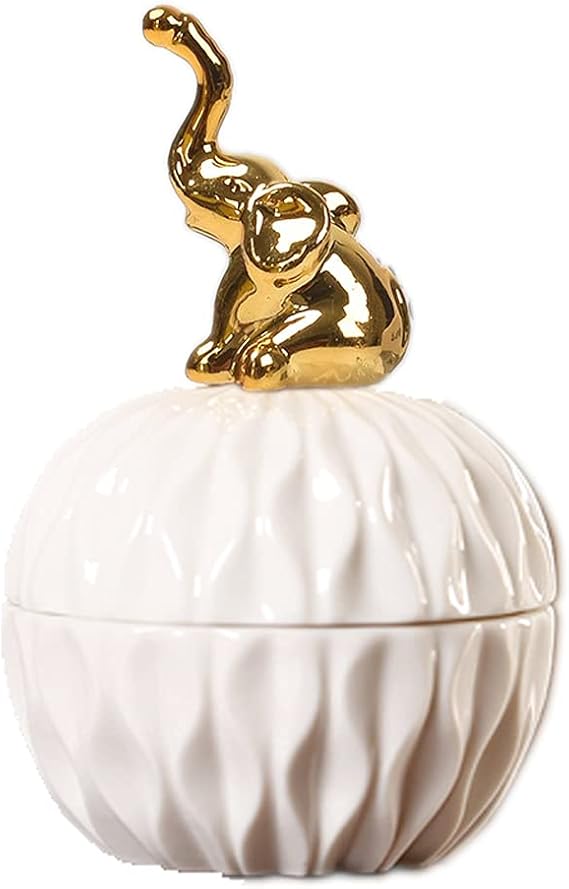 Golden Elephant Ceramic Jewelry Box, 4.2 Inch | Cute Animal Design, Ring Storage Jar, Multi-Purpose Storage, Wedding Candy Box