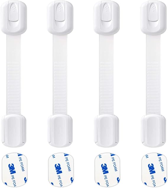 Socub 4 pack Child Safety Cabinets Strap Locks, Multi Use Latch with Strong Adhesive Pads, for Cabinets, Drawers, Oven, Toilet Seat, Fridge