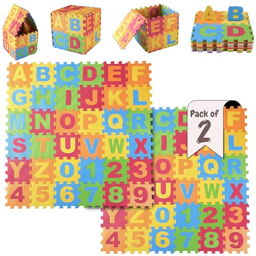 DIMPLE Kids Foam Play Mat 72 Pieces Total 6.25 x 6.25 Inches Interlocking Alphabet and Numbers Floor Puzzle Colorful EVA Tiles Girls, Boys Soft, Reusable, Easy to Clean 2 Pack of 36