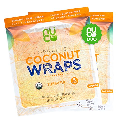 NUCO Certified Organic, SHELF STABLE, Paleo, Gluten Free, Vegan Non-GMO, Kosher Raw Veggie Coconut Wraps Turmeric Flavor. NO Salt Added Low Carb and Yeast Free 10 Count Two Packs of Five Wraps Each