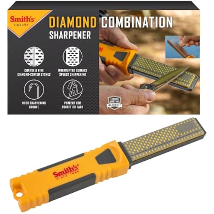 Smiths DCS4 4 Diamond Combination Sharpener - Double Sided Stone - Outdoor Field Knife Sharpener - Fish Hook & Pointed Tools Micro Sharpener - Lightweight, Compact, Handheld