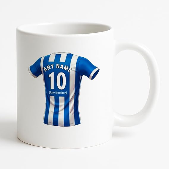 Personalised Gift - East Sussex Football Fan White Mug (Blue and White Stripes Design) Custom Name Message Cup - BN1 Club