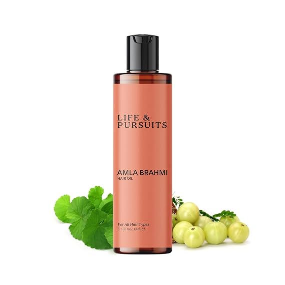 Life & Pursuits Amla Brahmi Hair Oil, 3.4 Fl Oz Ayurvedic Hair & Scalp Oil for Weak Roots, Dry Scalp, Hair Fall, Dry Frizzy Curly Hair & Natural Shine Pre Wash Hair Oil for Men & Women