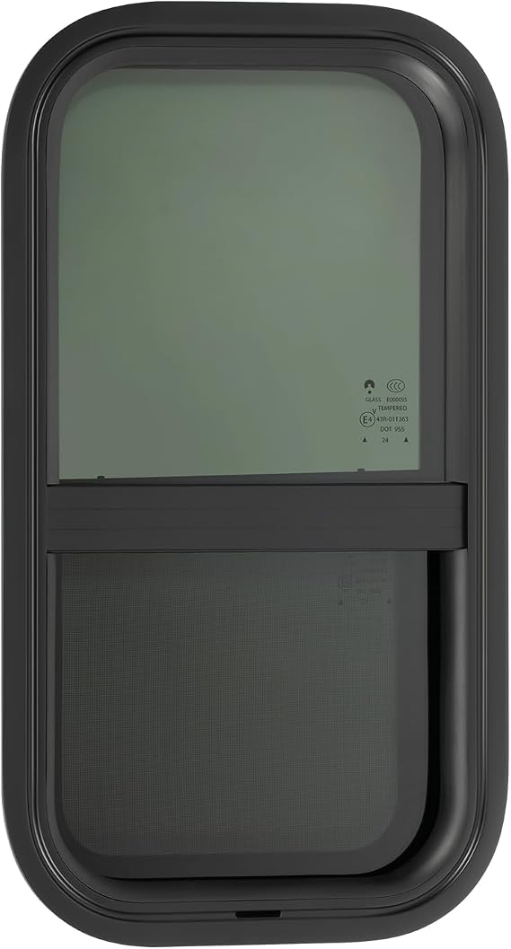 RV Window 12" W x 22" H Vertical Sliding Black RV Window with Screen & Trim Kit, RV Vertical Sliding Window Camper Trailer Window Replacement for RVs, Trailers, Pickups, or Modified Vehicles