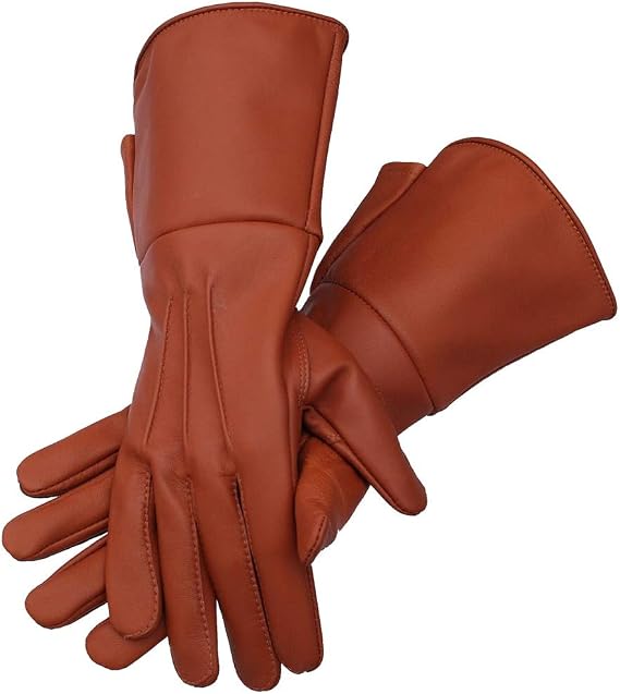 Medieval Gauntlet leather cosplay gloves long arm cuff (Tan Brown, Large)