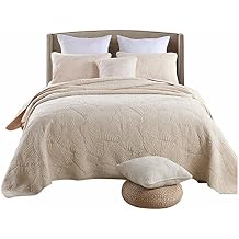 UKELER 3 Pcs Solid Quilt Sets Luxurious Soft Beige Palm Leaf Design Comforter Sets Bedspread Coverlet, Queen Size