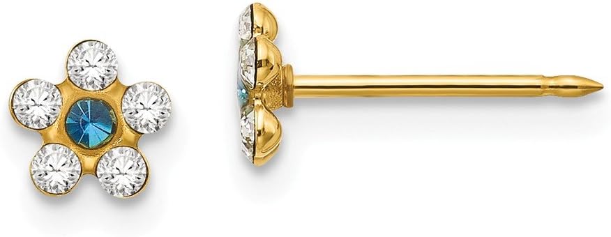 Solid Inverness 14K Yellow Gold Clear Blue Crystal Flower Earrings