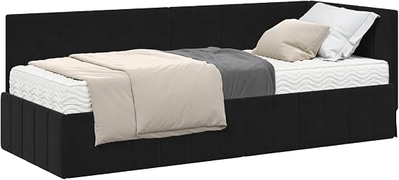 Corner Bed Frame with Mattress and Velvet Headboard, Black, 204 x 84 x 72 cm, Plywood Frame, Medium Firm 80 x 200 cm Mattress, Modern Box Bed for Bedroom, Space-Saving and Comfortable