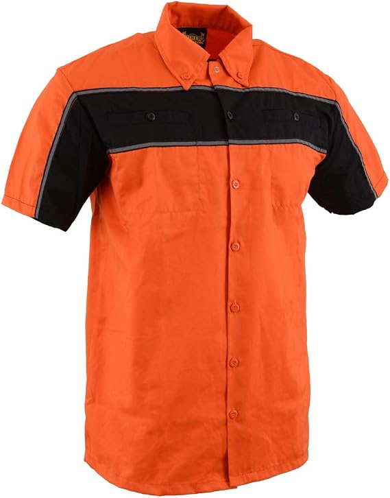Milwaukee Leather MDM11670 Mens Orange-Black Mechanic Work Shirt w/Reflective Strip - Heavy-Duty Button-Up