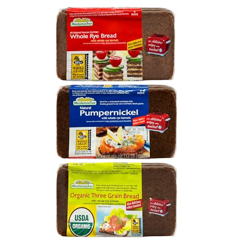Mestemacher Natural High Fiber Bread 3 Flavor Variety Bundle: 1 Mestemacher Organic Three Grain Bread, 1 Mestemacher Pumpernickel Bread, and Mestemacher Whole Rye Bread, 17.6 Oz. Ea. Pack of 3