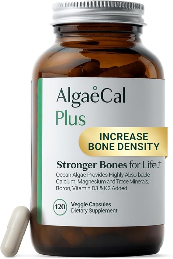 ALGAECAL Plus Calcium Supplement for Bone Density, with D3 K2, 120 Caps | Organic red algae calcium with D3 (1600 IU), K2 MK-7 (100mg), magnesium (350mg) & trace minerals for stronger bones.