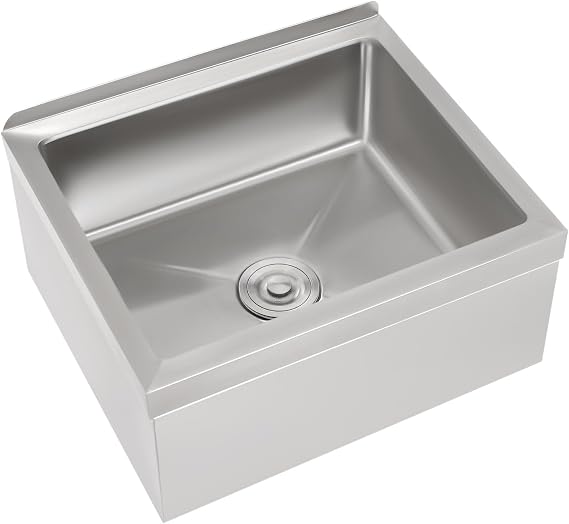 304 Stainless Steel Commercial Mop Sink, 22x19x12in Wall Mounted Mop Service Basin Freestanding Utility Sink with 3.5in Drain & Hose, 8in Deep for Kitchen Laundry Restaurant Bar Garages