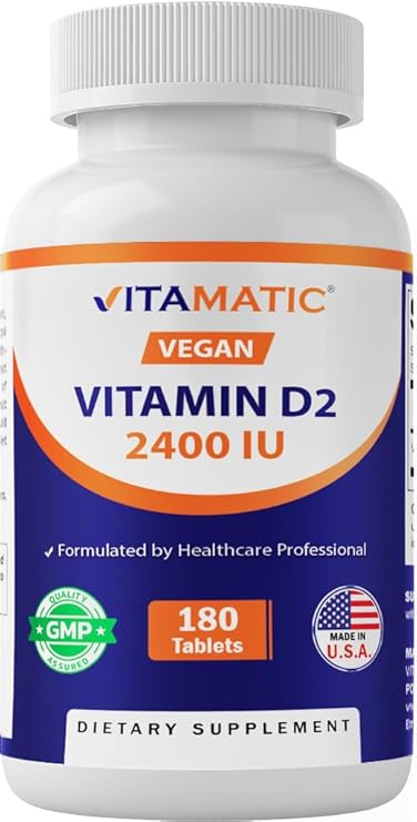 Vitamatic Vegan Vitamin D2 2400 IU Tablets, 180 Count, Made in USA