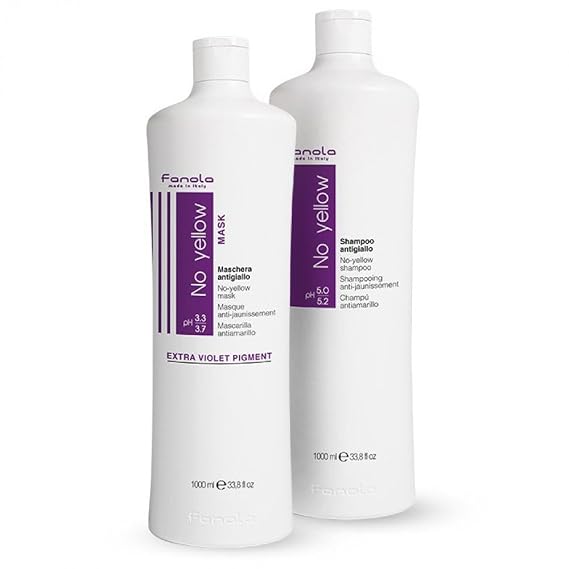 Fanola No Yellow Shampoo & Anti-Brass Hair Mask, 2 Count | Controls Brassiness & Orange Tones for Blonde, Silver, Grey & Highlighted Strands, Color-Safe & Extending, Nourishes & Shines