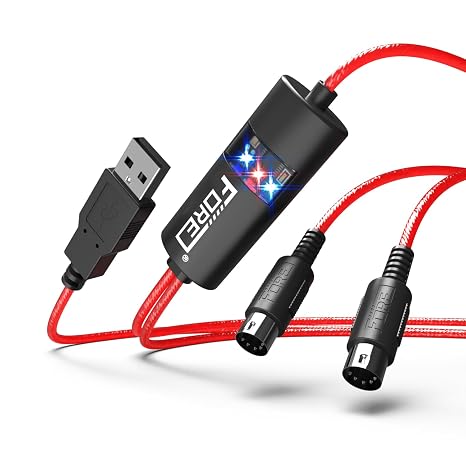 FORE MIDI to USB Interface Compatible with USB Type-A MIDI Cable with Input&Output Work with MIDI Keyboard/Synthesizer/MIDI Deivce Compatible with iOS&Android, Windows/Mac OS Red - 6.5Ft