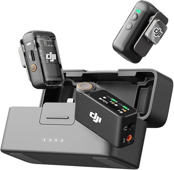 DJI Mic 2 (2 TX + 1 RX + Charging Case)-Gürültü Engelleme, Basit senkronizasyon, Dokunmaktik ekran, Mikrofon | Akıllı gürültü azaltma, dahili 32 bit float kayıt, 250 m menzil, iPhone, Android için mikrofon