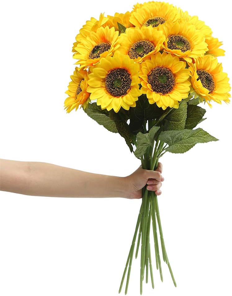 Laelfe Large Artificial Sunflowers, 60cm Long Stem Fake Silk Sunflowers Artificial Flowers Realistic Faux Sunflower with Dark Center for Home Wedding Party Graves Office Outdoor Decorations, 6 Pack