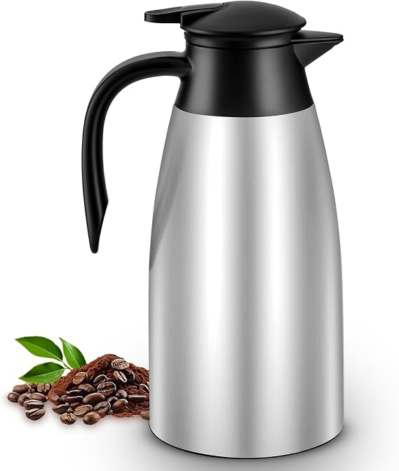 2L Thermal Coffee Jug, Insulated Coffee Carafe with Brush (Silver) | Stainless Steel, Double-Walled Thermal, with Press Button Top, Coffee Pot for Hot & Cold Beverage, Tea, Milk, Water
