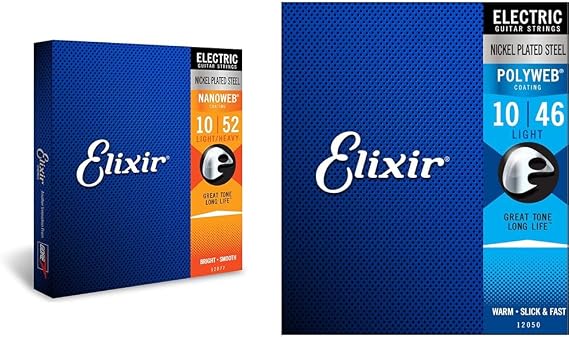 Elixir Electric Guitar Strings with NANOWEB & POLYWEB Coatings - Light & Light/Heavy Gauges (.010-.046 & .010-.052)