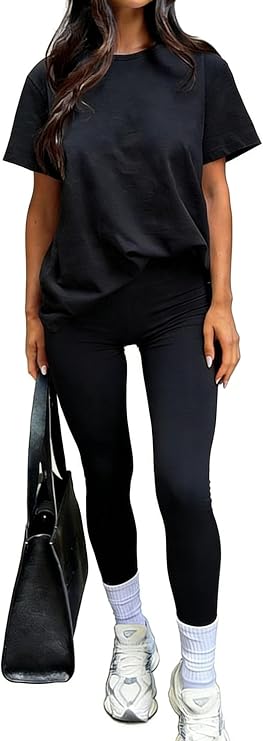 YETOWA Womens 2 Piece Loungewear Sets High Waisted Loose Short Sleeve T Shirt Long Pants Soft Stretchy Casual Outfit