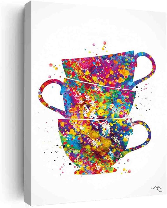 DAVUD Abstract Canvas Wall Art For Living Room,Coffee Cups Watercolor Print Tea Cup Teacup Art Print Wall Art Nerd Gift Dining Room Wall Art Wall Hanging Kitchen Decor Set Tea Time-*