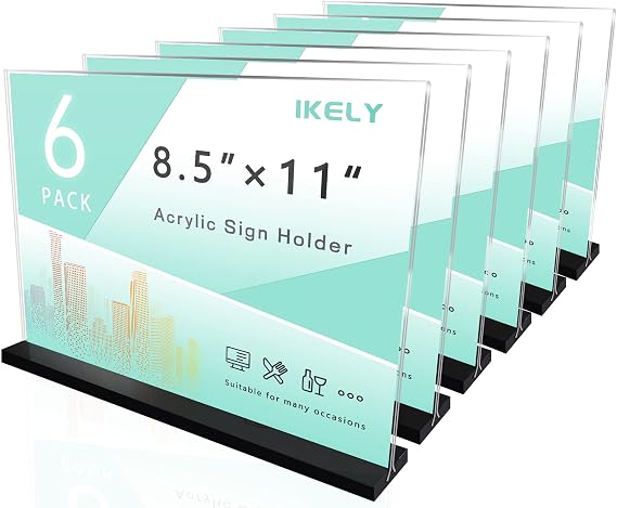 Acrylic Sign Holder 8.5 x 11 Inches Horizontal 6 Pack,Clear Plastic Sign Holder,Double Sided, Bottom Load,T Shape Table Top Display Stand,Acrylic Frame for Homes Restaurants Offices Shops -Landscape