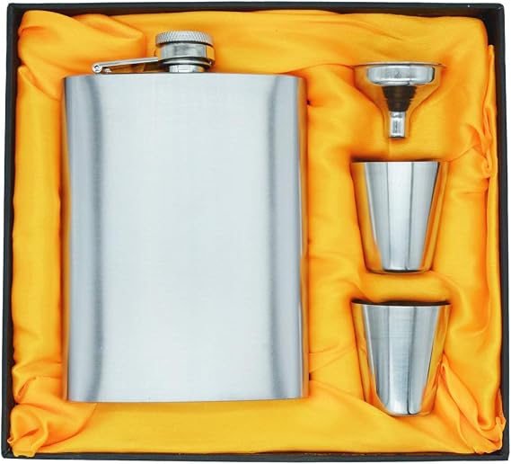 304 Stainless Steel Hip Flask Set Silver Leak Proof Flask for Liquor Alcohol with 2 Shot Glass & 1 Funnel & Gift Box Set 7 oz