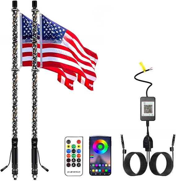2 Pack 3FT Whip Lights, LED Whip Light with App & Remote Control, Spiral RGB Chasing Lighted Antenna Whips, Whip Light for UTV ATV RZR SXS Can-Am Dune Buggy Offroad Truck (3FT)