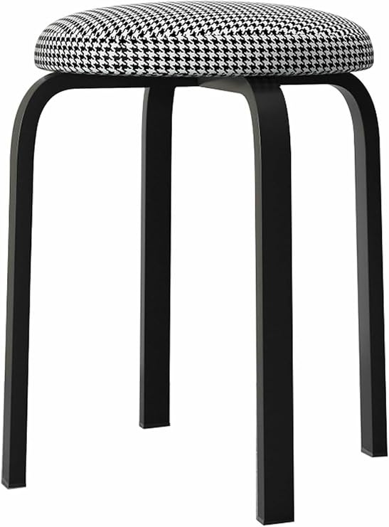 Stackable Backless Round Stools Metal Stacking Short Bar Stools Dining Stool with PU Leather Upholstered Seat Dressing Stool(Black Legs-Houndstooth)