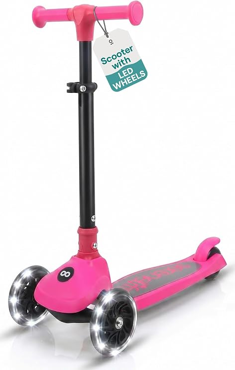 SereneLife Toddler Scooter, Adjustable Micro Scooter for Ages 2-5, Lightweight Kids 3 Wheel Design with LED Light-Up Wheels, Anti-Slip Deck & Lean-to-Steer Control, Indoor/Outdoor Use (Pink)