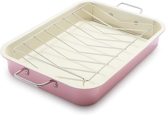 GreenLife 16.5 x 12 Healthy Ceramic Nonstick Roasting Pan with Stainless Steel Roaster Rack, PFAS-Free, PFOA-Free, Dishwasher Safe, Oven Safe, Easy Pouring Rims, Soft Pink