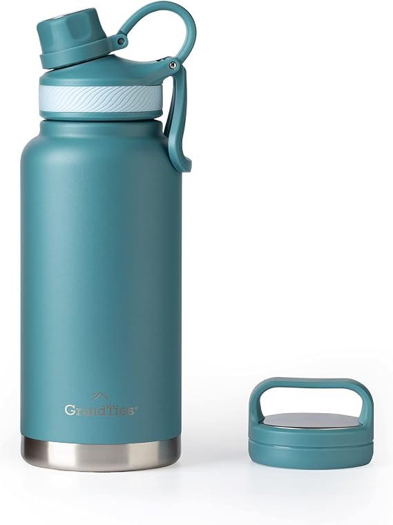GrandTies 2 Lids Sports Stainless Steel Water Bottle– 32oz, Reusable Wide Mouth Vacuum Insulated Water Bottles, Travel Metal Canteen, Coldest Water Bottle for Men and Women (Atlantis Blue, 32oz)