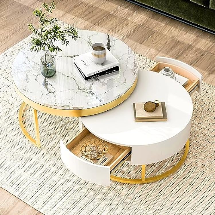 WILLIAMSPACE Round Nesting Coffee Table with 2 Drawer & Faux Marble Table Top, Modern Wood Nesting Table Set of 2, Luxury Accent Side Table End Table for Living Room, Apartment White&Gold