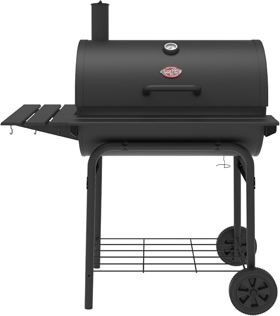 Char-Griller Pro Deluxe Charcoal Barrel Grill, EasyDumpTM Ash Pan, Premium Front and Side Shelves with Utensil Hooks, 850 Square Inches of Cooking Space in Black, Model E2827