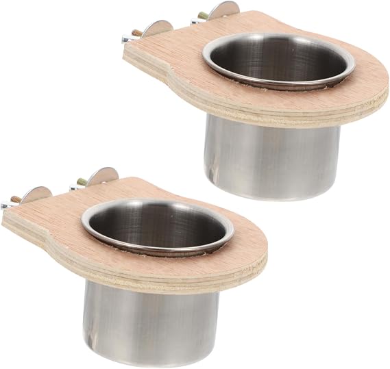 Stainless Steel Bowl for Birds for Hanging in the Cage Bird Feeder for Parrots Rabbits and Hamsters for Food and Water Set of 2 with Wooden Stand