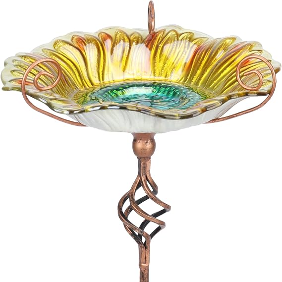 Bird Baths for Outdoors, Glass Birdbath Bowl with Stake Garde Decor | 25.6 Inch Height Stain Glass Bird Bath, Glass Birdbaths Sunflower Bird Feeders Bowl with Stake for Garden Yard Decor