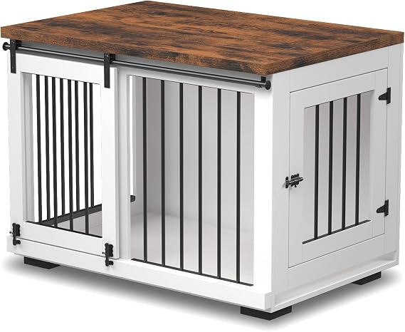 Zakkart Dog Crate Furniture for Large Dogs Up to 60 lbs. - Barn Door Puppy Kennel w/Thickened Farmhouse Top & Metal Bars - 37'' Wide - White Decorative Modern Dog Crate Table, End Table, Nightstand