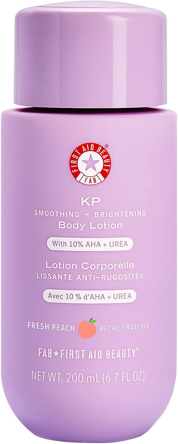First Aid Beauty - KP Smoothing + Brightening Body Lotion with 10% AHA, Lactic Acid, Urea + Colloidal Oatmeal, Exfoliate + Moisturize, Banish Keratosis Pilaris Bumps, NEW Peach Scent (190 g) | 10% AHA with Lactic Acid, Urea & Colloidal Oatmeal, Exfoliates & Moisturizes Keratosis Pilaris Bumps, No Artificial Fragrance
