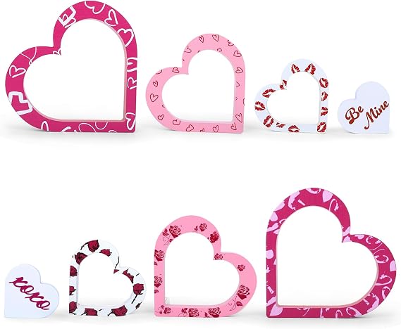 Wooden Valentines Day Decor - 4 PCS Double-Sided Heart-Shaped Signs for Valentine, Valentines Day Decorations for Home, Office, Bedroom, Table, Tiered Tray, Mantel, Valentine Gifts