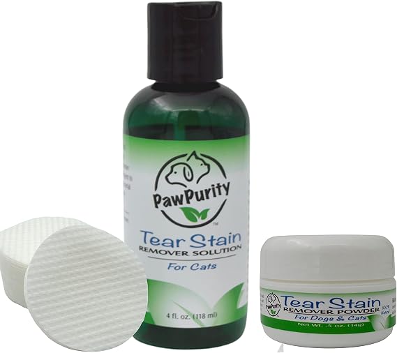 PawPurity Tear Stain Remover Kit for Cats | Includes Tear Stain Remover Solution, Powder and Application Pads | 100% Natural | Tear Stain Removal Takes About 7-10 Days (45-60 Day Supply)