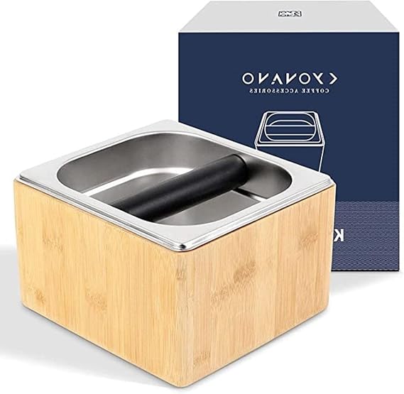 KYONANO Espresso Accessories - Coffee Knock Box - Expresso Knock Box with Durable Knock Bar and Non-Slip Base - Made of Bamboo and Stainless Steel- Coffee Grounds Knock Box