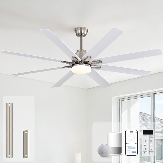 Sofucor Smart Ceiling Fan with Light, 52'' White Indoor/Outdoor Ceiling Fans with Remote Control, Work with Alexa/Google, Reversible DC Motor, ABS 8 Blades Ceiling Fans for Bedroom Living Room Patio [Energy Class A+++]