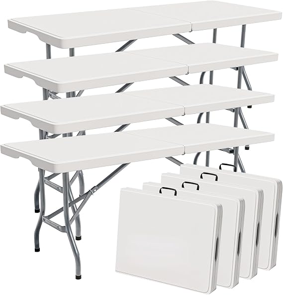 6ft Table Large Folding Table White Folding Table with Portable Carrying Handle 6ft Heavy Plastic Foldable Table for Party, Wedding, Events, Dining, Camping, Picnic Indoor (White, 4 Pcs)