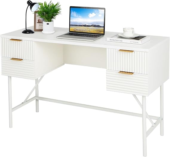 SFAREST Computer Desk with Drawer, Large Study Writing Table with Metal Frame, Modern PC Workstation Desk White for Home Office (White, 120 x 48 x 75 cm)