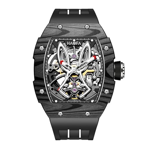 Haofa Skeleton Automatic Mechanical Mens Watch Carbon Fiber Rabbit Dial Watch Luminous Waterproof Self-Wind Business Watch for Men 1985
