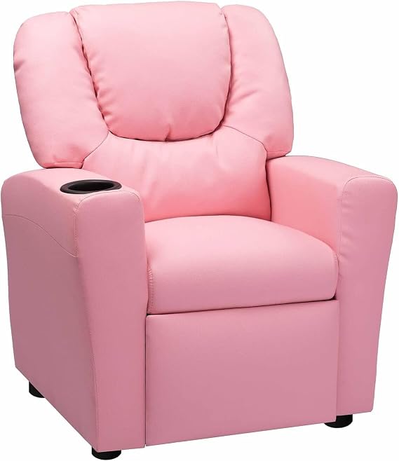 Naomi Home Suri Push Back Kids Recliner Chair with Footrest & Cup Holders, Push Back Toddler Recliner with Cup Holder,PVC Kids' Recliners for Age 3+,Pink