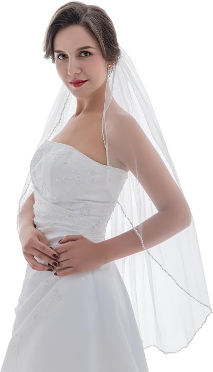 SAMKY 1T 1 Tier Pearls Bugle Beaded Bridal Wedding Veil