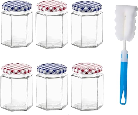 Glass Jam Jars 6 Pack Hexagonal Storage Glass Jars with Screw Top 280ml/9oz