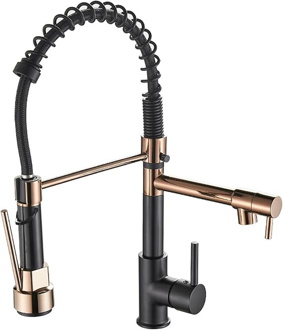 Kitchen Sink Faucet With Pull Down Sprayer, Dual Function Brass Pot Filler, Rose Gold + Black Tap
