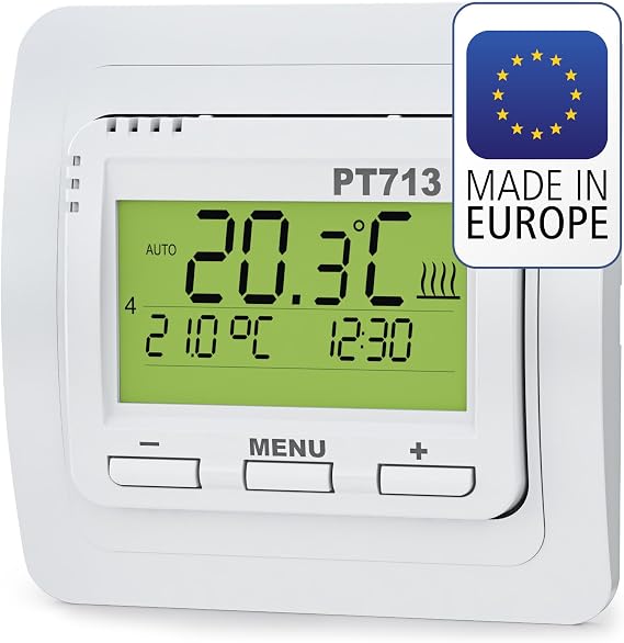 ELEKTROBOCK PT713 Digital Room Thermostat with Illuminated LCD Display - Optimal Start Function - For Electric Heaters - Adjustable Weekly Programmes